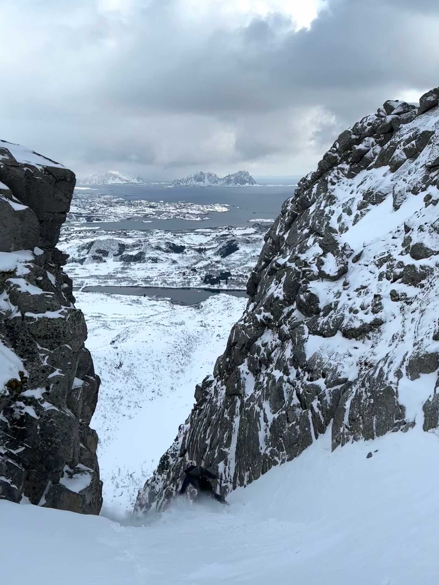 Jacob descends a tight line on our last ski day