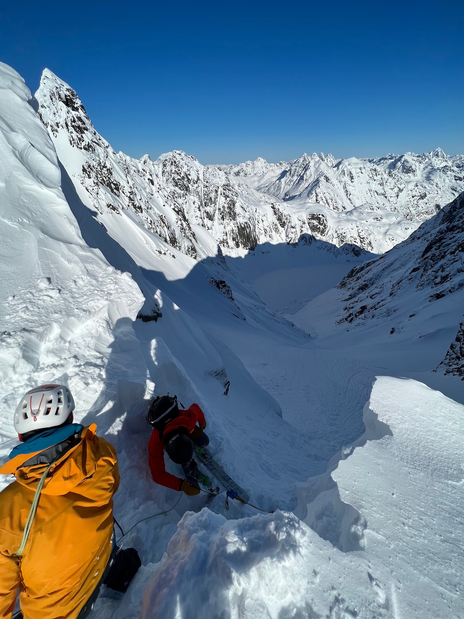 On belay, getting my skis in before a 3000' line to the frozen lake below. Ambient temperatures at the lake were in the low single digits farenheit.